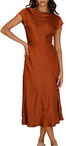 Robe d'été mi-Longue en Satin avec Manches torsadées Dos Nu et col bénitier pour Femme, Marron, Taille XS