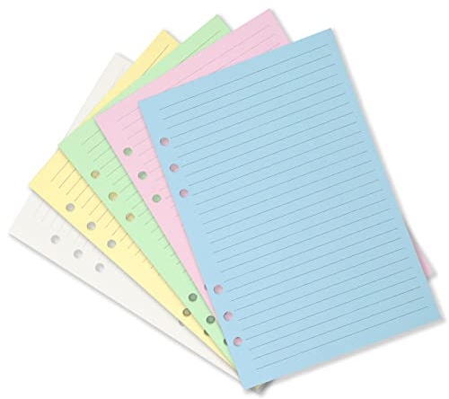 50 Blatt A5 bunte 6-Loch-gelochte linierte Einlagen für persönliche Größe Organizer, 5-farbiges lose Blätter-Planer-Füllpapier, liniert (21,6 x 14,5 cm)
