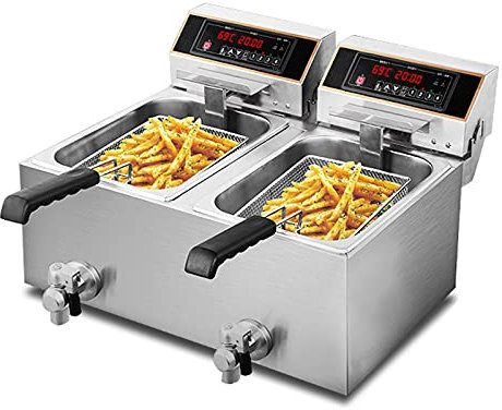 Friteuse électrique professionnelle, minuterie de friteuse commerciale et robinet de vidange de robinet Friteuse en acier inoxydable pour cuisine de restaurant (20L/34L)