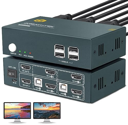 HDMI KVM Switch 2 Monitors 2 Computers,2 Port Dual Monitor Kvm Switcher for 2 Computers to Share 4 USB 2.0 Hub,UHD 4K@60Hz Resolution Downward Compatible,EDID Emulators