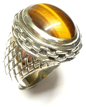 Silberschmuck - BG Herrenring aus 925 Sterlingsilber, mit echtem Tigerauge, massiv gearbeitet, Ringgröße 62