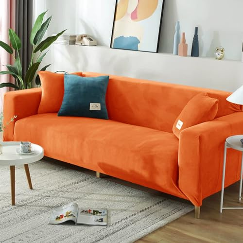 Hearda Sofabezug Stretch 1 2 3 4 Sitzer, Deluxe Plüsch Elastische Antirutsch Couchbezug Waschbar Universal Weich Sofaüberwurf für Sofaüberwurf Möbelschutz (4-Seater,Orange)