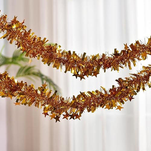 3M Weihnachten Lametta Girlande,4 STK Weihnachtsgirlande Glitzer Metallic Weihnachtsbaum Lametta Girlande Hängende Dekoration für Weihnachtsbaum Kranz Hochzeit Party Dekoration-Pentagramm gold