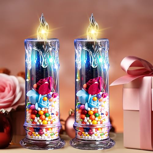 2 Stück LED Flammenlose Kerze Blume Teelichter,Batteriebetriebene LED Lampenkerze LED Kerze Licht mit LED Lichtrose Blume Schreibtischlampe für Valentinstag Romantische Weihnachten Dekor