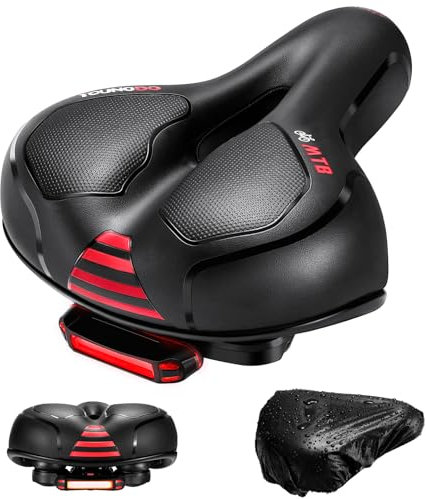YOUNGDO Ultra Comfortable Bike Saddle, Ergonomic Design, Hollow Design, Double Spring Shock Absorber, Detachable Rear Light, Waterproof, for Mountain Bike, Black+Red
