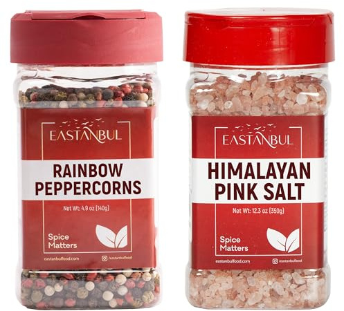 Eastanbul Salt and Pepper for Grinder Refill, Refill Pack, 490g | Rainbow Peppercorns Whole 140g + Pink Himalayan Salt 350g, Rainbow Peppercorns for Grinder Refill, Natural Himalayan Pink