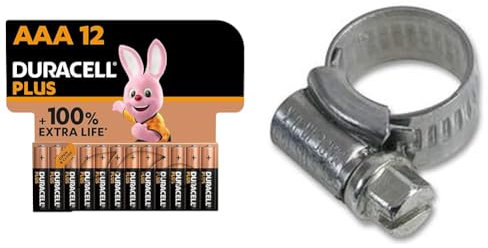 Duracell Plus AAA Batteries (12 Pack) - Alkaline 1.5V - Up To 100% Extra Life - Reliability For Everyday Devices - 0% Plastic Packaging - LR03 MN2400 & Jubilee 1AMS Hose clip 22mm-30mm