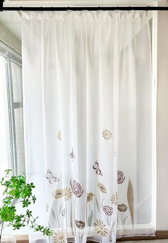 Devola Cortinas correderas transparentes con estampado de flores, cortina de cocina, estilo rústico, cortina para ventana, salón, cortina confeccionada de gasa, cortinas para ventana de cocina, 145 x
