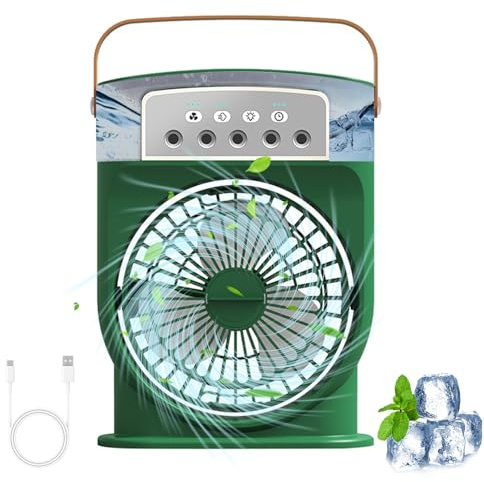 Mobiles Klimagerät, Tragbare Mini Klimaanlage mit 7 Farben LED-Licht, 1/2/3 H Timer, 3 Windgeschwindigkeiten, 3 Sprühmodi, Klimagerät Mobil für Schreibtisch, Nachttisch, Kaffeetisch (Grün)