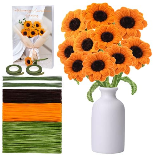 Pfeifenreiniger Set zum Basteln, Chenille Stiele, Sonnenblumen Bouquet Set, Pfeifenreiniger Sonnenblumen Set mit Anleitung, 3 Farben, gelbe Pfeifenreiniger Set für Bastelprojekte (10 Sonnenblumen)