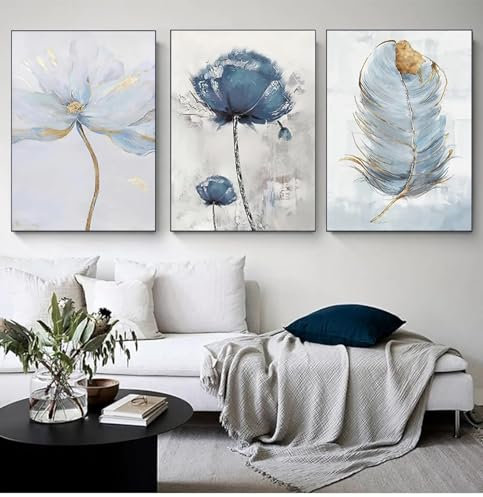 NXMYDBD Skandinavische Blumen-Leinwandkunst, abstrakte Malerei, Druck, Feder-Dekor, Bild für Wohnzimmer, nordische Wohnkultur, Wandplakat, 50 x 70 cm (20 x 28 Zoll) x3, ungerahmt