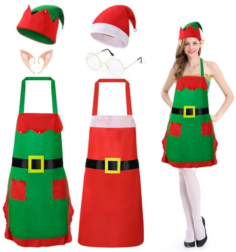 Beipegin Costume Elfo e Costume Babbo Natale Donna Uomo,Grembiule Natale Elfo Grembiule Cappello Elfo Cappello Natale Orecchie da Elfo Vestiti Natale Accessori Elfo Cosplay Festa di Natale per Adult