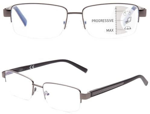 Amorays Multifokale Lesebrille gleitsichtbrille Blaulichtfilter Halbrandfassung aus Metall für klare Sicht bei Nah- Mittel- und Fernsicht - Komfortabel und langlebig (Graubraun, 1.25, x)