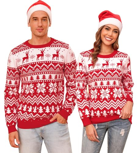 Aottori Pull Noël Femme Homme Col Rond Manches Longues Classique Noël Hiver | Maille tricotée, col rond avec manches longues, coupe classique mixte, adapté aux repas de famille et aux photos de Noël