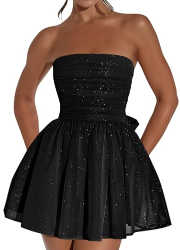 Hanaoops Paillettes Robe de Soirée Cocktail Mini Sexy Epaules Dénudées Moulante sans Manches Dos Nu en Tulle Pailleté Clubbing Fête Bandeau avec Nœud