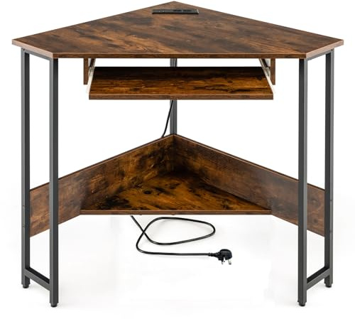 SFAREST Corner Computer Desk, Space-Saving Laptop PC Table with Charging Station & Storage Shelf, 90° Triangle Study Desk Wooden Writing Gaming Workstation for Home Office (Brown, with Keyboard Tray)