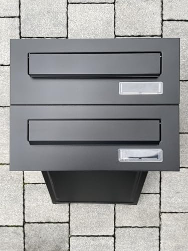 ALSTEN TECH 2er Zweifach Mauerdurchwurf Briefkasten für Mehrfamilienhaus oder Büro - Briefkastenanlage zum Einmauern - 2 Familienhaus 2fach mit Namensschild Schwarz Matt RAL 9017 Einbaubriefkasten