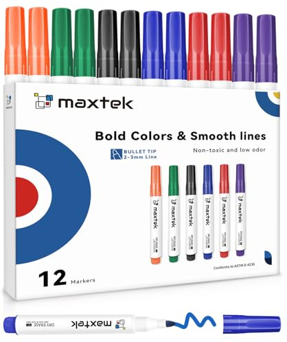 maxtek Whiteboard Pens, 12 Low Odour White board Markers Erasable, Bullet Tip 2-3mm, Dry Wipe pens for School Office Home (6 Colours)