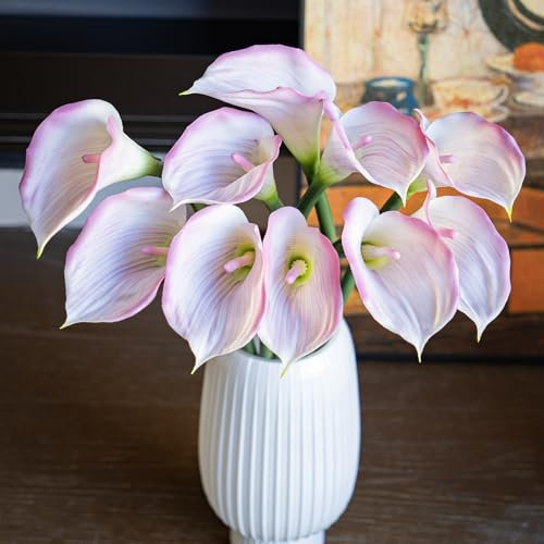 Duyone, künstliche Calla-Lilien aus Latex – 65 cm großes Bouquet mit 5 weichen Stielen in Naturoptik – für Zuhause, Wohnzimmer, Schlafzimmer, Esstisch, Büro, Hochzeit, Party oder Gartendeko (rosa)