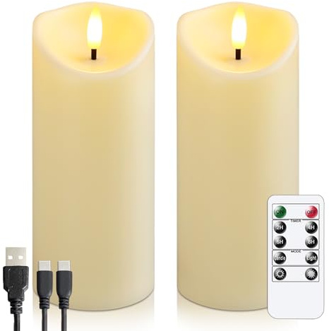 Yeelida Wiederaufladbare Flammenlose Fernbedienung & Timerfunktion Kunststoff-LED-Kerzen, Flackerndes 2er-Pack Kerzen mit Ladekabel, Lang anhaltend 60 Std (Elfenbein, 7,5cm x17,5cm)