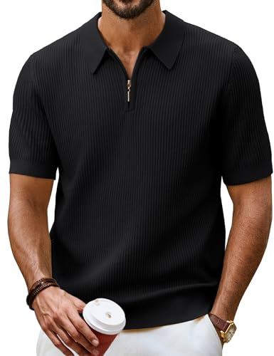 PJ PAUL JONES Mens Polo Shirts Short Sleeve Quarter Zip Shirt Golf Tshirts | Breathable Knitted Polos for Summer,Ribbed Textured