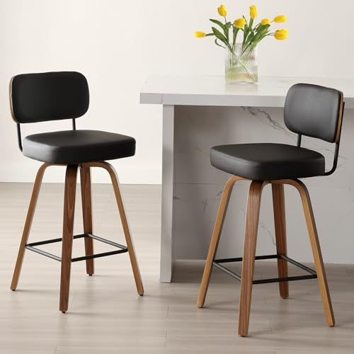 Bekrvio Silla de bar giratoria con respaldo, 65 cm de altura, piel sintética y madera maciza, 4 patas