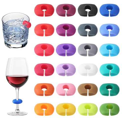 Gosknor 24pcs Wine Glass Markers Charms, Reusable Silicone Drink Markers for Champagne Cocktail Martinis Beverage Glasses Colorful Cup Tags for Bars Parties Weddings