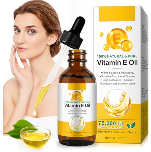 Vitamin E Öl 75,000 IU –Vitamin E Öl für Kosmetik Reines Hautpflegeöl, Narben & Dehnungsstreifen Reduktion, Anti-Aging, Die Hautelastizität wiederherstellen, 60ml