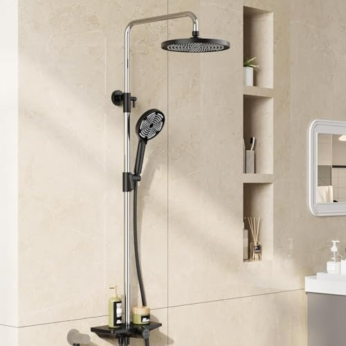 Regendusche ohne Wasserhahn mit Ablage, Duschsystem mit Duschkopf, Verstellbare Duschstange aus Edelstahl, Kopfbrause Set, Rund 25cm Schwarz+Chrom