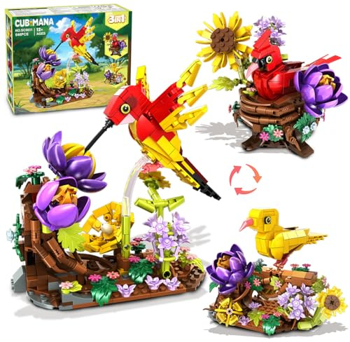 CUBIMANA 3 in 1 Nido d'uccello giocattolo da costruzione - Fiori Casetta per uccelli Cardinale Colibrì Set di blocchi da costruzione per la decorazione di casa e ufficio per adulti 12+ (646 pezzi)