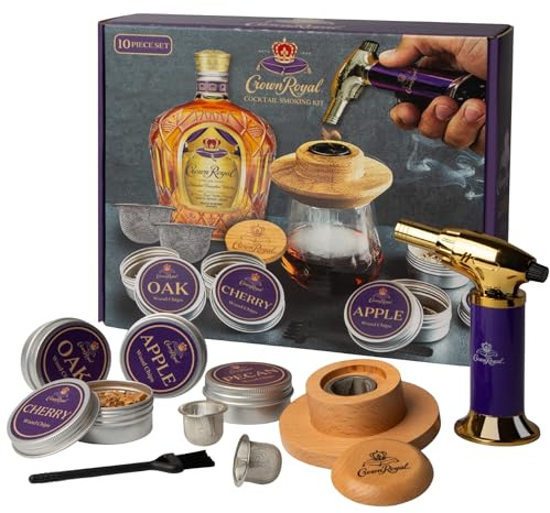 Crown Royal Cocktail Smoking Kit – Premium 10-Piece Whiskey Smoker Set with Butane Torch, Wood Chips (Oak, Apple, Cherry, Pecan), Mesh Burn Cups & Wooden Lid – Gift Set for Whiskey & Bourbon Lovers