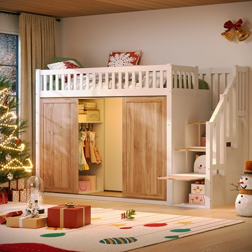 Merax Kinder Hochbett 90x200 cm, mit Kleiderschrank und Treppenschrank, multifunktionales Bett mit bunter LED-Lichtleiste, großem Stauraum, Weiß und Eiche (ohne Matratze)