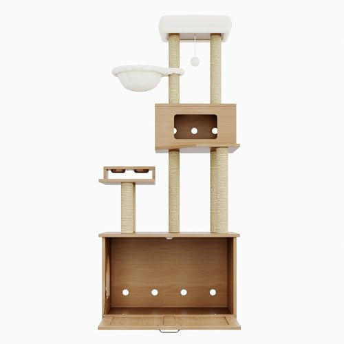 Grand arbre à chat mural avec mangeoire, hamac et armoire à litière – Peu encombrant pour les chats d'appartement en noyer