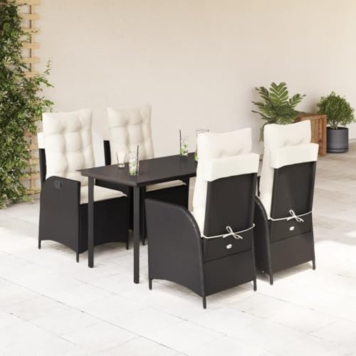 Qnhdfrt Garten Essgruppe 5 TLG Schwarz PE Rattan mit Kissen und Glas Tischplatte 140 x 70 cm, für Terrasse Balkon Garten
