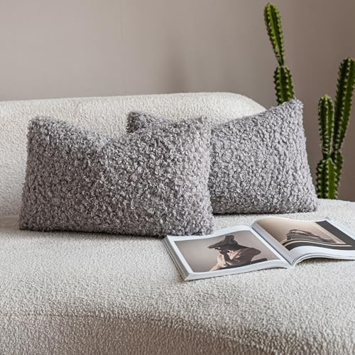 Neelvin 2er Set Dekorative Kissenbezug Teddy Wolle Künstlich Pelz Kissenbezüge Weiche Plüschkissen Kissenhülle Bouclé Zierkissenbezüge Sofakissen für Sofa Schlafzimmer Wohnzimmer 30x50cm Hellgrau