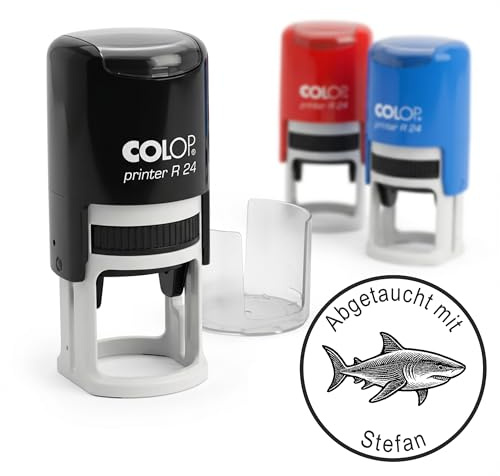 Dekolando Taucherstempel Hai 24x24 mm – runder Stempel personalisiert für Taucherlogbuch, Tauchlogbuch & Tauchbuch – personalisierter Colop Printer R24 mit Schutzkappe