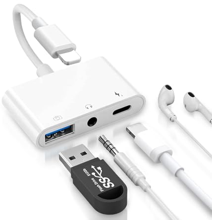APKLVSR Light-ning Klinke Adapter 3-in-1 für iPhone & iPad, Light-ning to AUX Kopfhörer Adapter mit Ladeanschluss und USB OTG 3.0 für Musik, Datenübertragung und Aufladen
