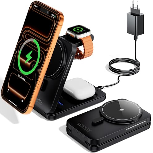KPON Magsafe Ladestation für Apple Watch und iPhone, 3 in 1 Faltbares Magsafe Ladegerät Schnellladung Kompatibel mit iPhone 17-12, Apple Watch 11-2, AirPods, Reise & Büro, inkl. 20W Adapter, Schwarz