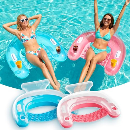 SOLAVERO 2 Pezzi Sedia Gonfiabile Piscina, 119 x 86 cm Amaca Galleggiante con Portabicchieri & Maniglia, Sedie Sdraio Gonfiabile Estate per Rilassarsi, Leggere e Feste in Piscina (Trasparente)