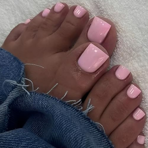 NOPVUFA 24 Pezzi Unghie Finte Piedi Rosa Lucido, Press on Nails Corte Quadrate con Adesivi Gel, Unghie Piedi Finte in ABS Resistente per Donna, Kit Pedicure Professionale Fai-da-Te