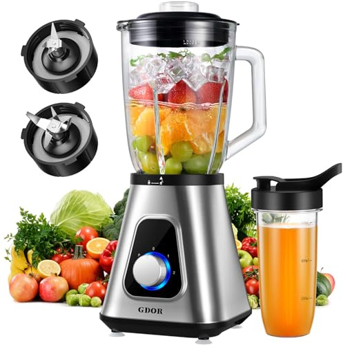 GDOR Standmixer 1100W, Mixer Smoothie Maker mit 1,5L Glaskrug und 650ml Reisebecher Professionell Hochleistungsmixer 3 Geschwindigkeiten Blender für Smoothies Shakes Eis gefrorene Früchte Saucen