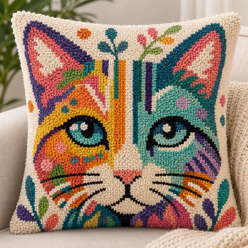 Crochet Cat Latch Hook Cushion Kits, 17x17 Inch Latch Hook Rug Kits for Adults Beginners, Pre-Printed DIY Cross-Stitch Embroidery Pillow for Home Sofa Bedroom Decoration, Handmade Craft Gift