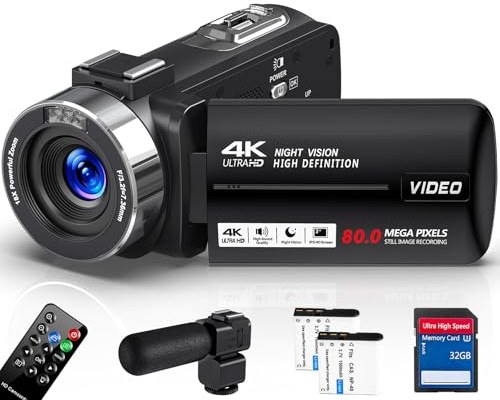 4K Video Camera Camcorder 80MP 18X Digital Zoom Night Vision YouTube Camera | 3.0 Inch Screen Vlogging Camera with 32GB SD Card, Microphone, Remote Control and 2 Batteries