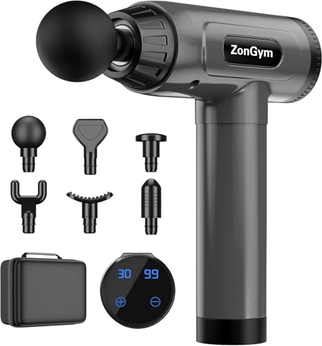 Pistolet de massage pour tissus profonds, pistolet de massage musculaire à percussion, 30 vitesses, silencieux, pour muscles, cou, dos, épaule, écran tactile LCD avec 10 têtes (gris)