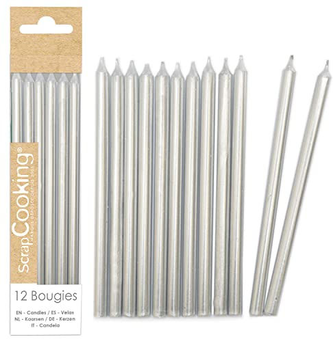 ScrapCooking - 12 Bougies Longues Argentées - Bougies Argent Gâteau Anniversaire - Décoration Enfant Adulte - En Paraffine avec Pics - Accessoire Fête Pâtisserie - 0349