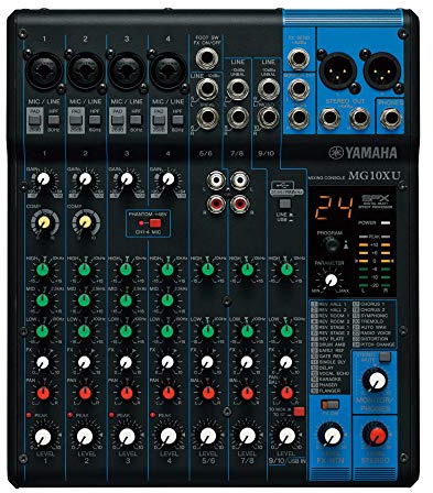 Yamaha MG10XU Mezclador analógico de 10 canales, con 4 preamplificadores de micrófono, 3 canales de línea estéreo dedicados, 1 envío auxiliar, ecualizador, compresores de 1 perilla y efectos digitales