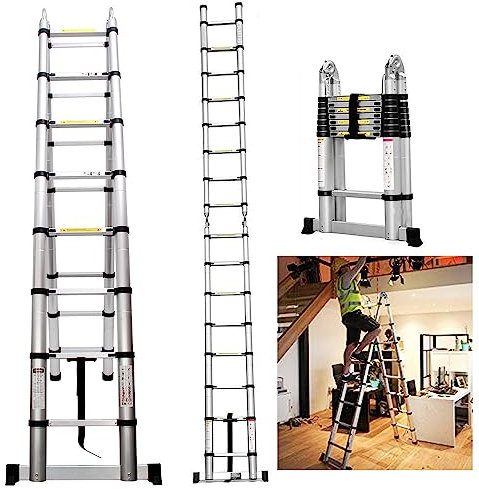 2.5M+2.5M Foldable A Frame Ladder 5M Aluminium Extendable Telescopic Ladder Portable Multi-Purpose Telescoping Ladder with Stabilizer Bar for Home Office Loft Use, Max Load 330lb