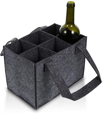 6 Bottle Wine Carrier with Divider Felt Wine Storage Tote Bag, Portable Reusable Wine Travel Bag with Handle for Christmas Travel Camping Picnic Party (Dark Gray)