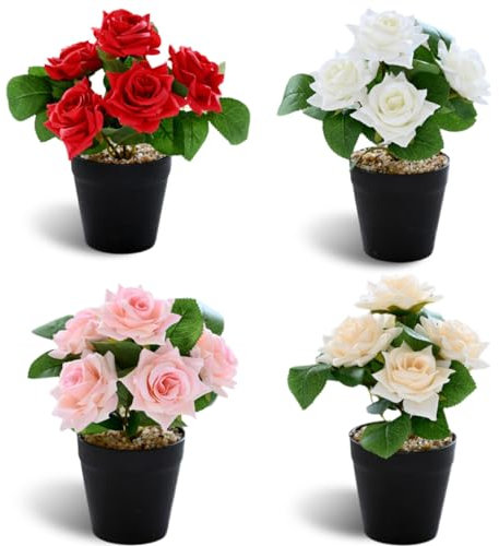 4 Stück Künstliche Rosen Im Topf Wie Echt - Kunstblume für Tisch, Büro, Home, Hochzeit, Party, Bad, Balkon, Garden Decor