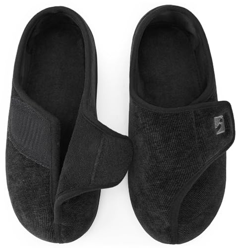 HomeTop Men's Adjustable Chenille Slippers Wide Fit Soft Comfy Non Slip Indoor House Shoes Black, 11 UK,12 US